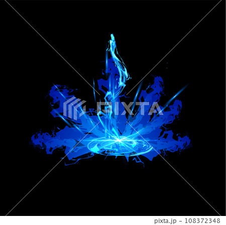 Ligth game visual effect of explosion clouds, beams, flame, rays going from glowing circle. 108372348