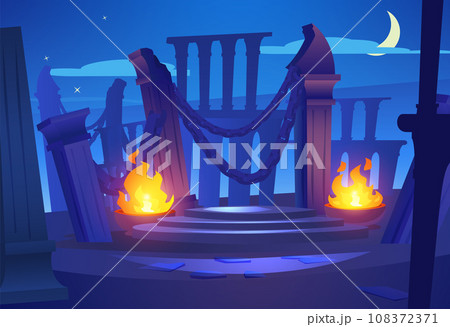 Fantasy fairy world with antique stone columns and chains on night landscape, vector game background, mystic game portal Fantasy fairy world with antique stone columns and chains on night landscape, vector game background, mystic game portal 108372371