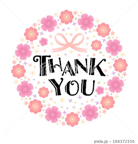 ピンク色の花に囲まれたありがとうのメッセージのベクター画像・thank you 108372550