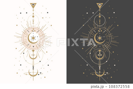 Set of esoteric mystical posters with spiritual symbols, moon, sun, stars. Templates on light and dark backgrounds, boho style. Vector Set of esoteric mystical posters with spiritual symbols, moon, sun, stars. Templates on light and dark backgrounds, boho style. Vector 108372558