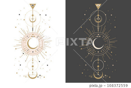 Set of esoteric mystical posters with spiritual symbols, moon, sun, stars. Templates on light and dark backgrounds, boho style. Vector Set of esoteric mystical posters with spiritual symbols, moon, sun, stars. Templates on light and dark backgrounds, boho style. Vector 108372559