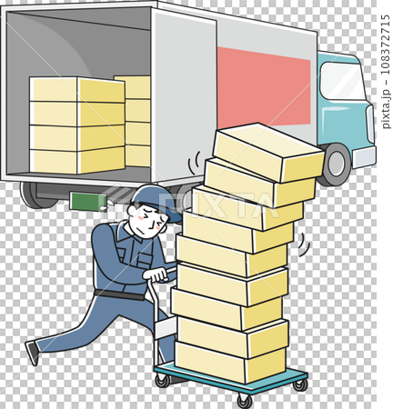 一個穿著工作服的男人和一輛卡車拼命推著一輛裝滿行李的手推車 108372715