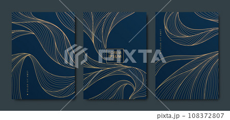 Vector set of luxury japanese pattern textures, wavy line design covers, sea, ocean graphic. Abstract golden posters, art deco flow cards 108372807