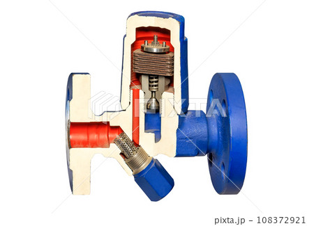 Bimetallic condensate trap for removing condensate cooled by 10 - 30 C from the boiling point. Isolated on white. Bimetallic condensate trap for removing condensate cooled by 10 - 30 C from the boiling point. Isolated on white. 108372921