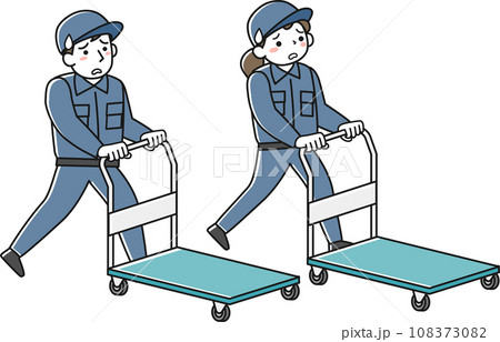 疲れた表情で台車を押す作業服の女性と男性のセット 疲れた表情で台車を押す作業服の女性と男性のセット 108373082