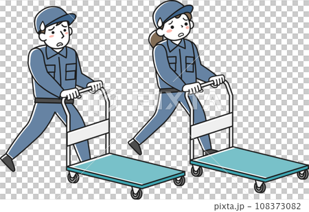 A set of women and men in work clothes pushing a trolley with tired expressions A set of women and men in work clothes pushing a trolley with tired expressions 108373082
