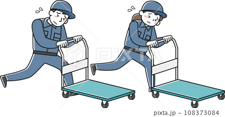必死に台車を押す作業服の女性と男性のセット 必死に台車を押す作業服の女性と男性のセット 108373084