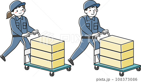 台車で荷物を運ぶ作業服の女性と男性 108373086