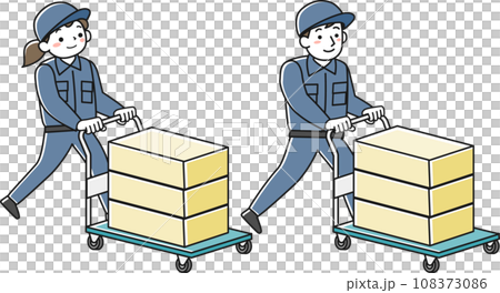台車で荷物を運ぶ作業服の女性と男性 108373086