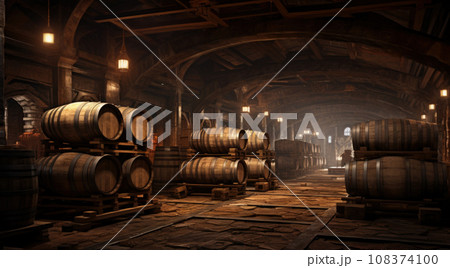 Old cellar with bottles and barrels under castle making wine Old cellar with bottles and barrels under castle making wine 108374100