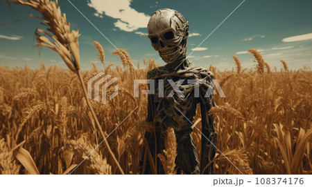 Creepy monster with skull head standing in the fields at sunset, Halloween and horror concept Creepy monster with skull head standing in the fields at sunset, Halloween and horror concept 108374176