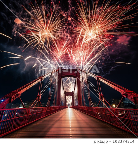 AI Generated new year celebration fireworks over bridge below urban city. 108374514