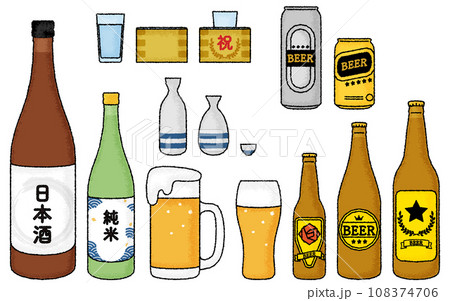 手描き風、アナログタッチの日本酒とビールのセット 108374706