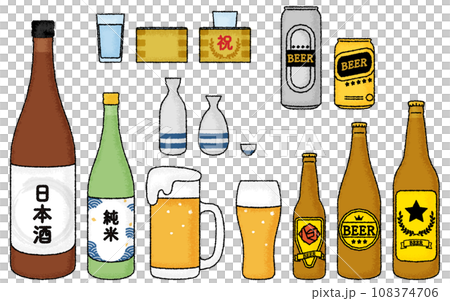 手描き風、アナログタッチの日本酒とビールのセット 108374706