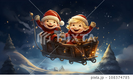 Happy child drive in Santa Claus sleigh Happy child drive in Santa Claus sleigh 108374785