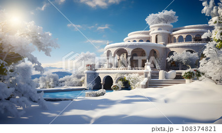 Typical mediterrian villa covers snow 108374821