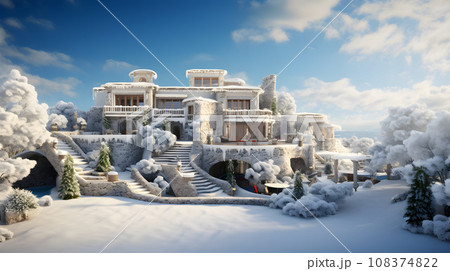 Typical mediterrian villa covers snow 108374822