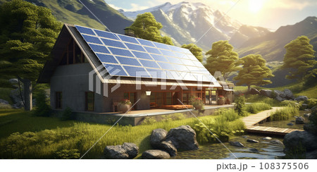 Modern house amidst the forest with solar panels on the roof Modern house amidst the forest with solar panels on the roof 108375506
