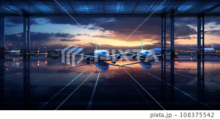 Busy airport view with airplanes and service vehicles Busy airport view with airplanes and service vehicles 108375542