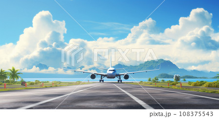 an airplane lands or takes off on a runway in a...のイラスト素材 [108375543 ...