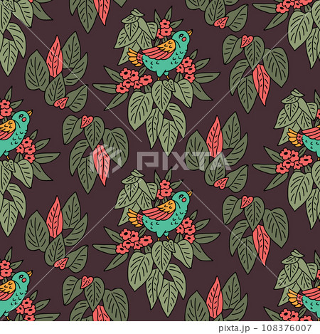 Seamless pattern with hand drawn cute birds and flowers motifs 108376007