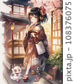 着物を着た女性と桜の花 108376075