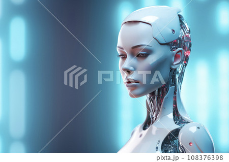A humanoid female robot on a bright background.  108376398