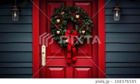 Front door to an English home painted red with a Christmas wreath, Xmas Garland 108376585