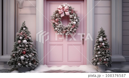 Pink facade of the building decorated with a beautiful Christmas wreath.  108376587