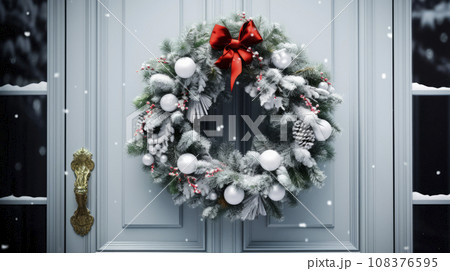 The bright facade of the building is decorated with a beautiful Christmas wreath. The bright facade of the building is decorated with a beautiful Christmas wreath. 108376595