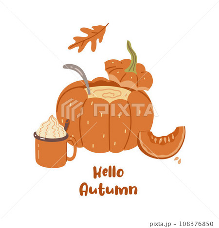 Autumn card or poster with pumpkin drink and soup. Vector graphics. Autumn card or poster with pumpkin drink and soup. Vector graphics. 108376850