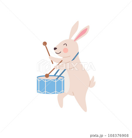 Trained hare or rabbit beats a drum cartoon flat vector illustration isolated. Trained hare or rabbit beats a drum cartoon flat vector illustration isolated. 108376908