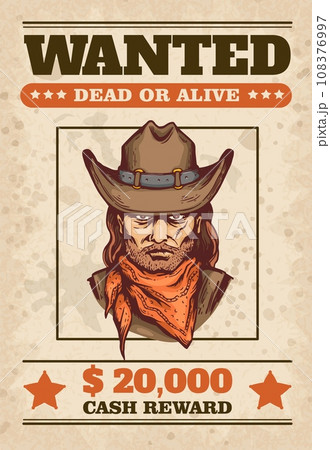 Wanted poster with cowboy portrait and text on textured background. 108376997