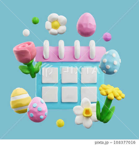 Beautiful composition with 3D plasticine calendar, Easter eggs and spring flowers, vector render Happy Easter creation 108377016