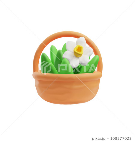 Realistic plasticine narcissus with leaves in basket, 3D clay texture beautiful jonquil flower, modeling vector blossom 108377022