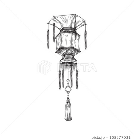 Japanese lantern with decorative elements hand drawn sketch. Japanese lantern with decorative elements hand drawn sketch. 108377031