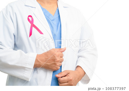 Breast cancer, Asian doctor woman with pink ribbon on white background with clipping path, symbol of World Breast Cancer Day. 108377397