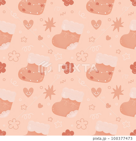 Cute pink christmas seamless pattern doodle stocking flower heart gifts and New Year's decor. Winter cozy print for kids. 108377473