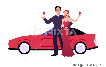 Elegant rich couple with wineglass near an expensive red sports car, businessman with wife vector celebrity luxury life Elegant rich couple with wineglass near an expensive red sports car, businessman with wife vector celebrity luxury life 108377647