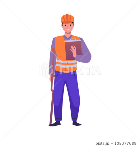 Disabled worker with crutch, cartoon foreman in orange helmet and vest, injured builder character vector illustration 108377689