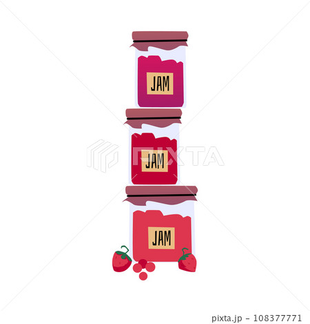 Glass jars with fruit or berry jam vector cartoon illustration, stack of containers with marmalade from juice 108377771