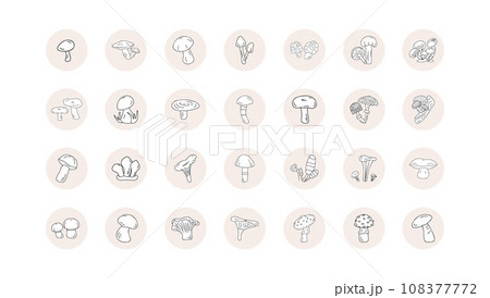 forest Mushroom icon set line black outline in circle. Vector in doodle style edible and inedible. forest Mushroom icon set line black outline in circle. Vector in doodle style edible and inedible. 108377772
