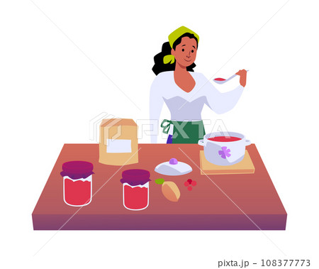 Woman cooking jam, tastes it, person making homemade fruit or berry jam dessert, vector preparing food 108377773