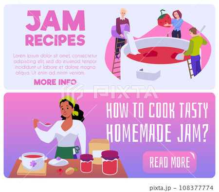 Homemade jam recipes and cooking tips banners set, flat vector illustration. Homemade jam recipes and cooking tips banners set, flat vector illustration. 108377774