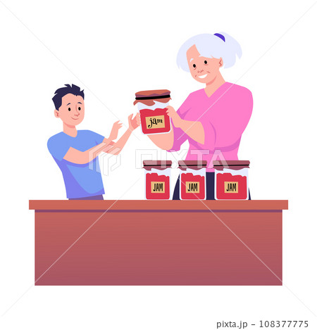 Grandmother gives grandson jar with fruit or berry jam, elderly woman regales the boy, glass jars vector illustration Grandmother gives grandson jar with fruit or berry jam, elderly woman regales the boy, glass jars vector illustration 108377775