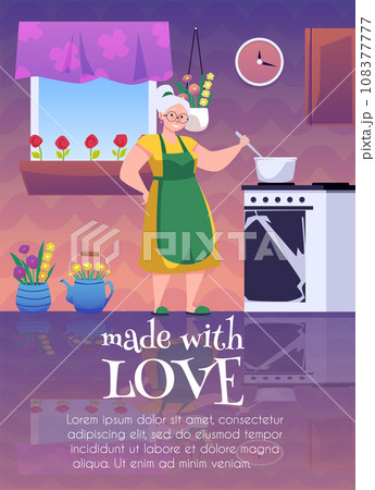 Grandmother cooking jam in pan on the stove in the kitchen, vector preparing food, Made with love poster Grandmother cooking jam in pan on the stove in the kitchen, vector preparing food, Made with love poster 108377777