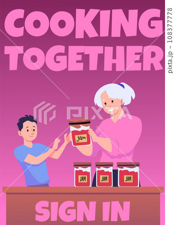Poster or vertical banner with grandma and child boy cooking jam Poster or vertical banner with grandma and child boy cooking jam 108377778