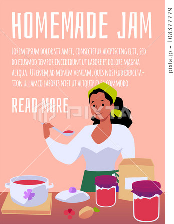 Woman cooking jam, tastes it, making homemade fruit or berry jam dessert, vector preparing food banner template 108377779
