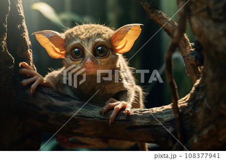 Image of tarsier monkey tarsius syrichta on the tree in natural jungle. Wildlife Animals. Image of tarsier monkey tarsius syrichta on the tree in natural jungle. Wildlife Animals. 108377941