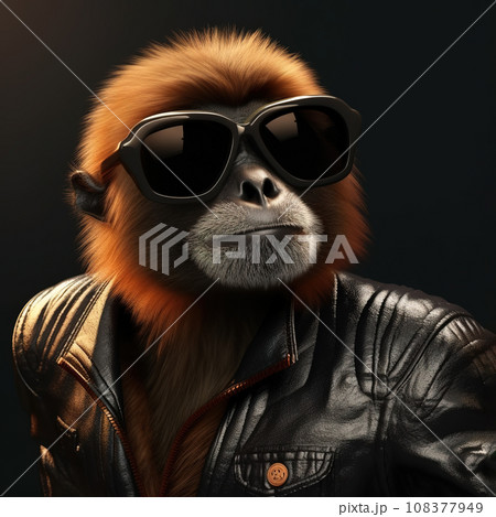 Image of stylish cool gibbon wearing sunglasses as fashion and wore a leather jacket. Modern fashion, Wildlife Animals. 108377949